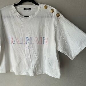 Balmain White Cropped Tee with Gold Accents